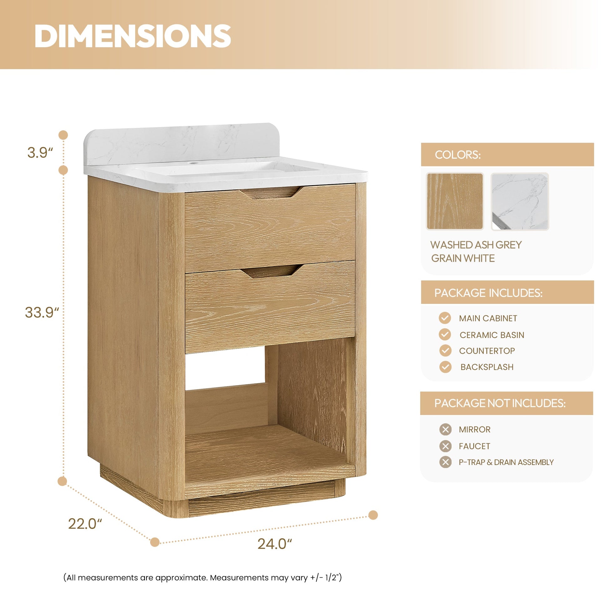 Harbin 24" Free-standing Single Bath Vanity in Washed Ash Grey with White Grain Stone Top