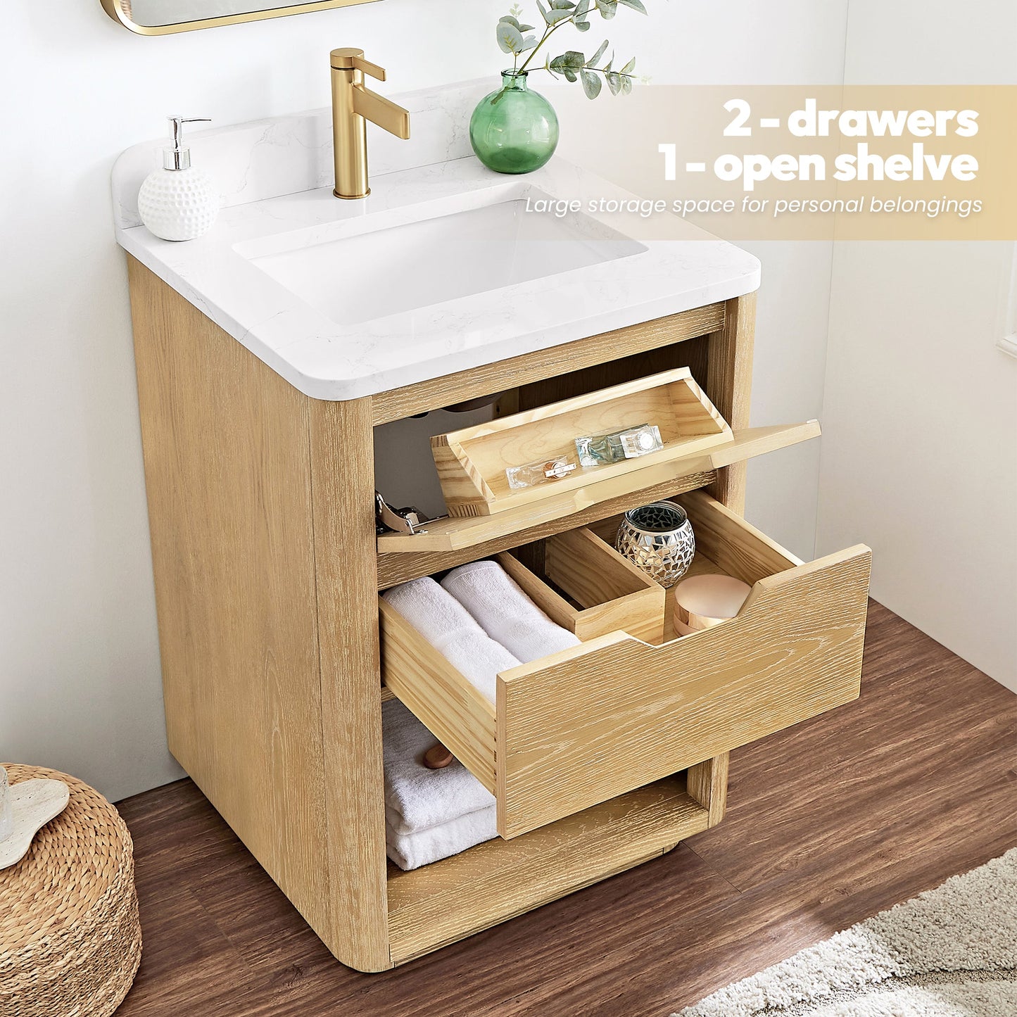 Harbin 24" Free-standing Single Bath Vanity in Washed Ash Grey with White Grain Stone Top