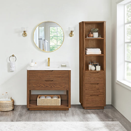 Harbin 36" Free-standing Single Bath Vanity in Oak Weathered Brown with White Grain Stone Top