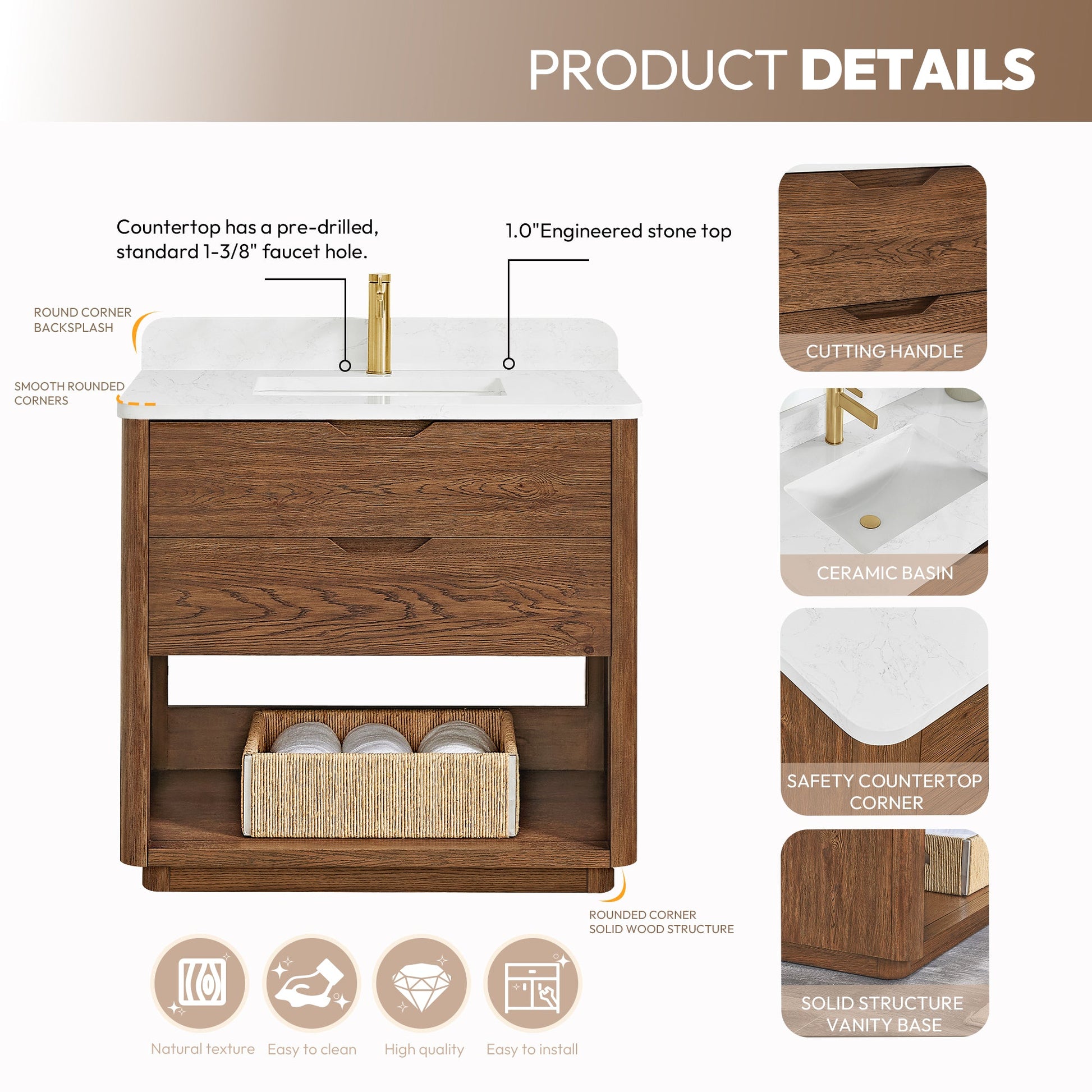 Harbin 36" Free-standing Single Bath Vanity in Oak Weathered Brown with White Grain Stone Top