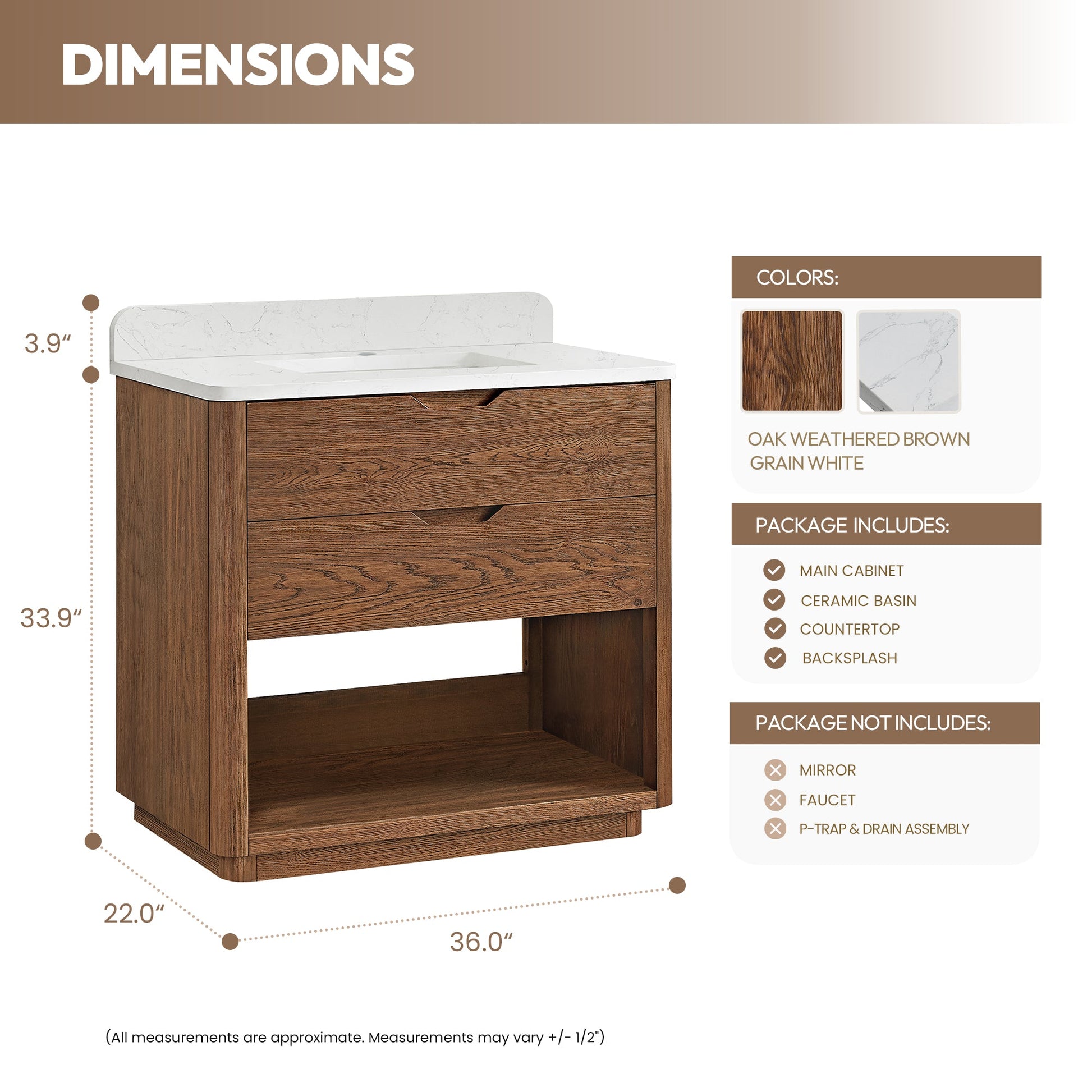 Harbin 36" Free-standing Single Bath Vanity in Oak Weathered Brown with White Grain Stone Top