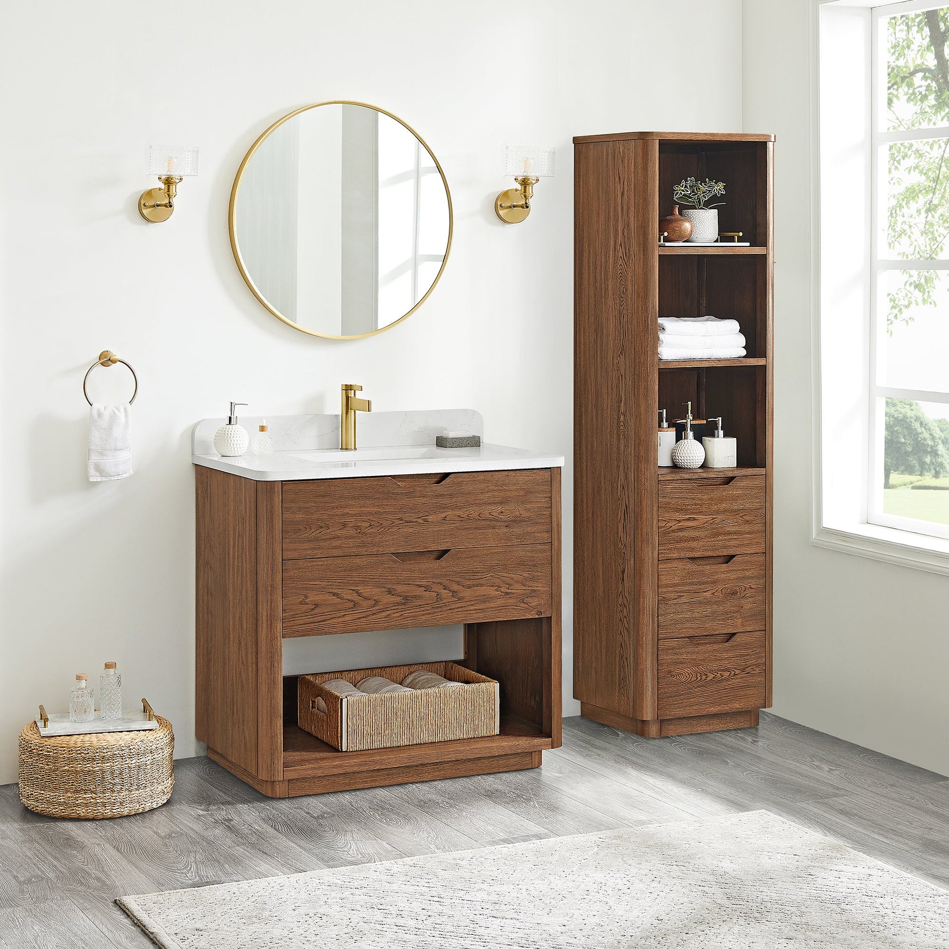 Harbin 36" Free-standing Single Bath Vanity in Oak Weathered Brown with White Grain Stone Top