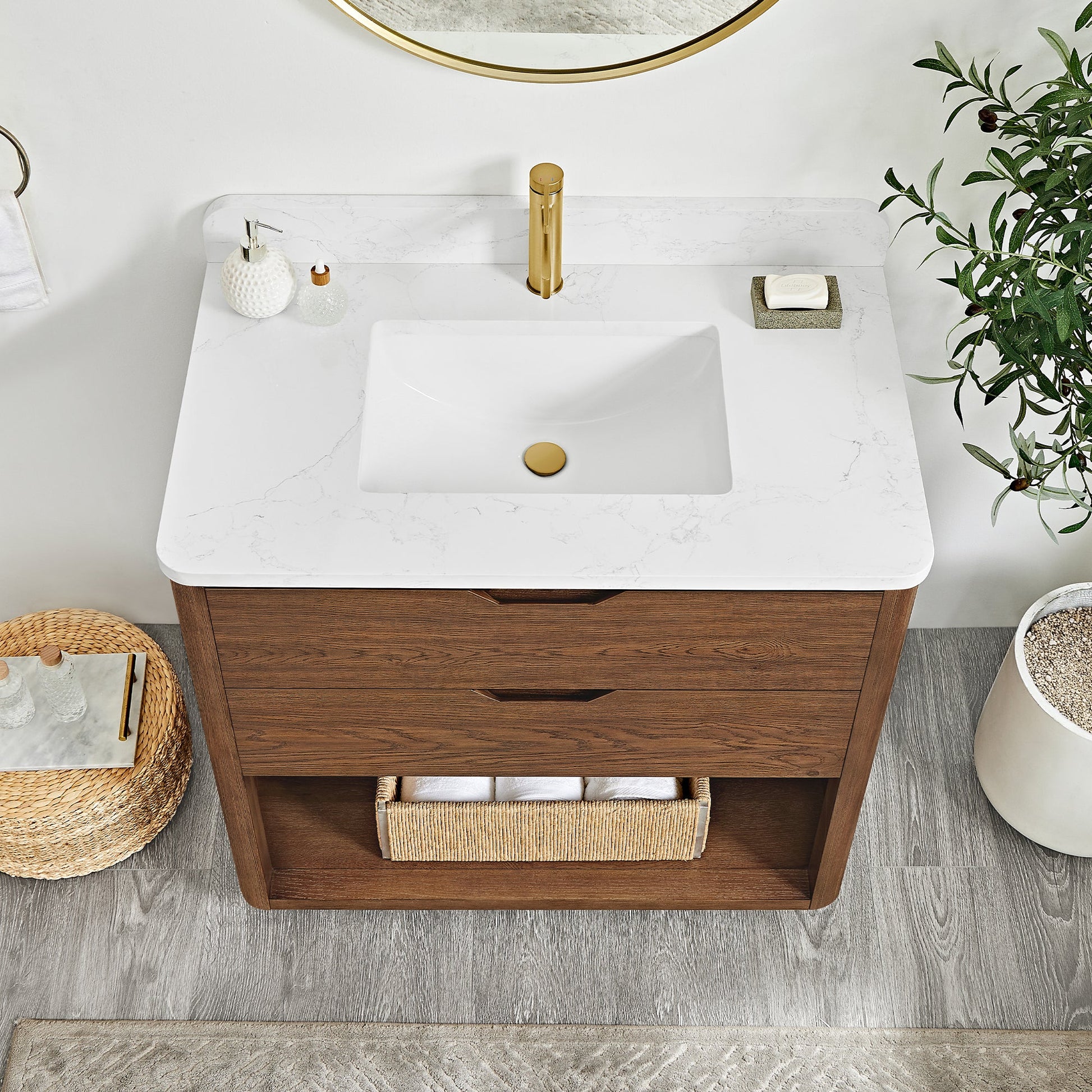 Harbin 36" Free-standing Single Bath Vanity in Oak Weathered Brown with White Grain Stone Top