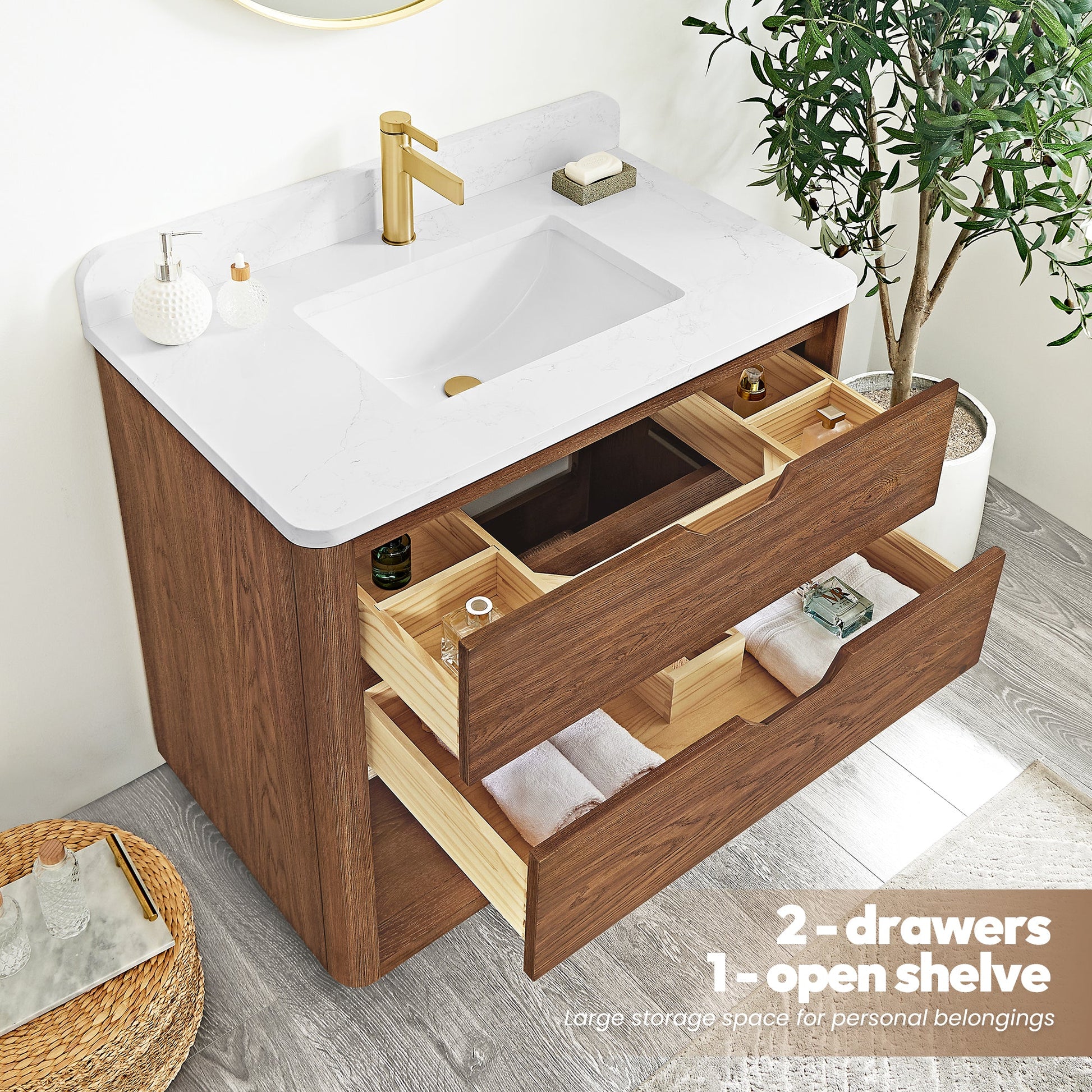 Harbin 36" Free-standing Single Bath Vanity in Oak Weathered Brown with White Grain Stone Top