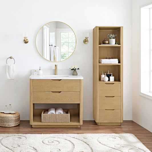 Harbin 36" Free-standing Single Bath Vanity in Washed Ash Grey with White Grain Stone Top