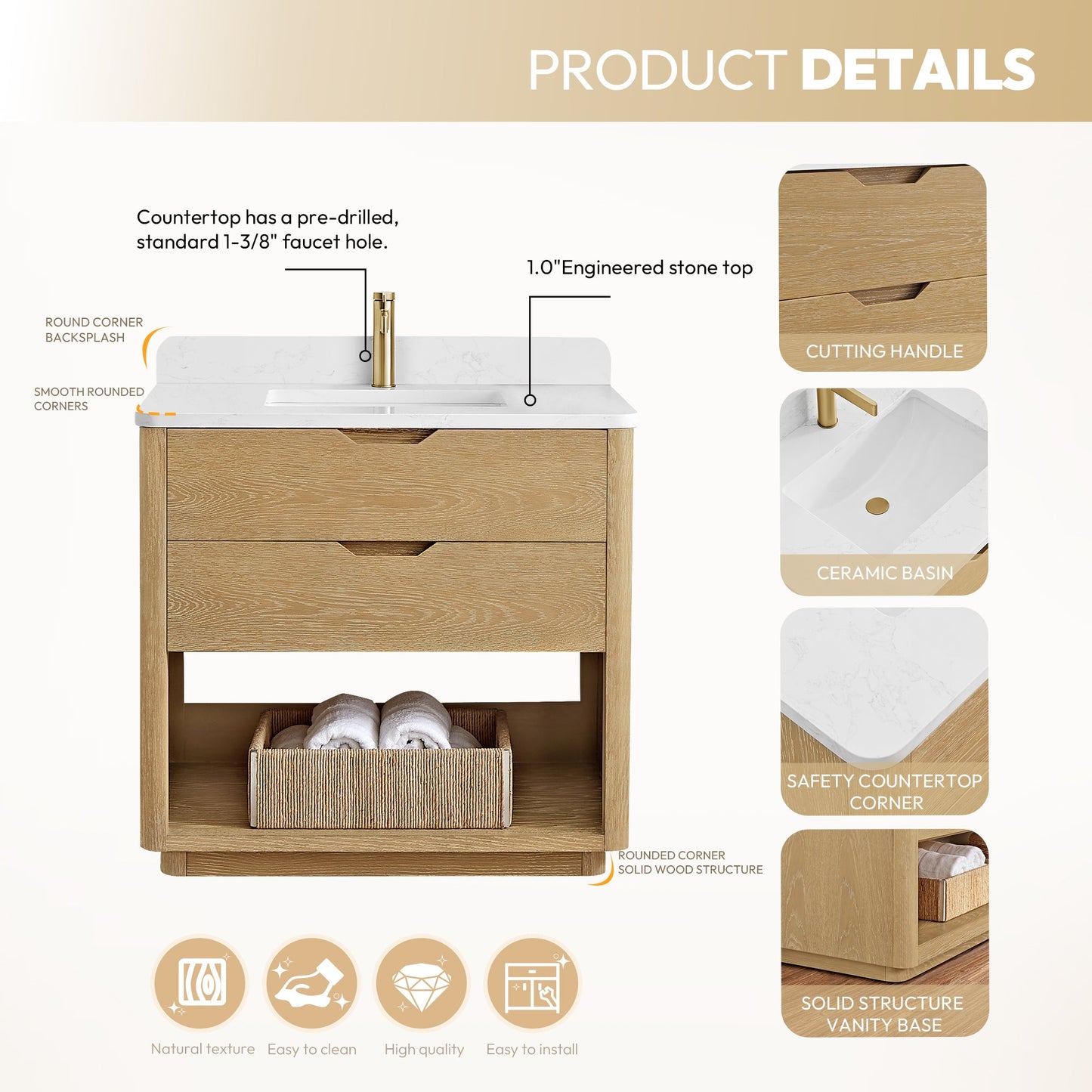 Harbin 36" Free-standing Single Bath Vanity in Washed Ash Grey with White Grain Stone Top