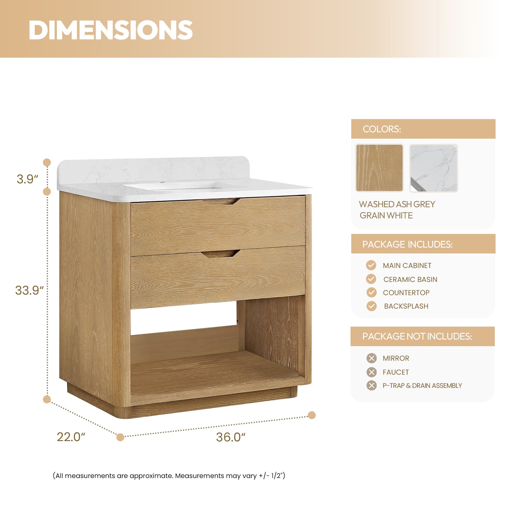 Harbin 36" Free-standing Single Bath Vanity in Washed Ash Grey with White Grain Stone Top