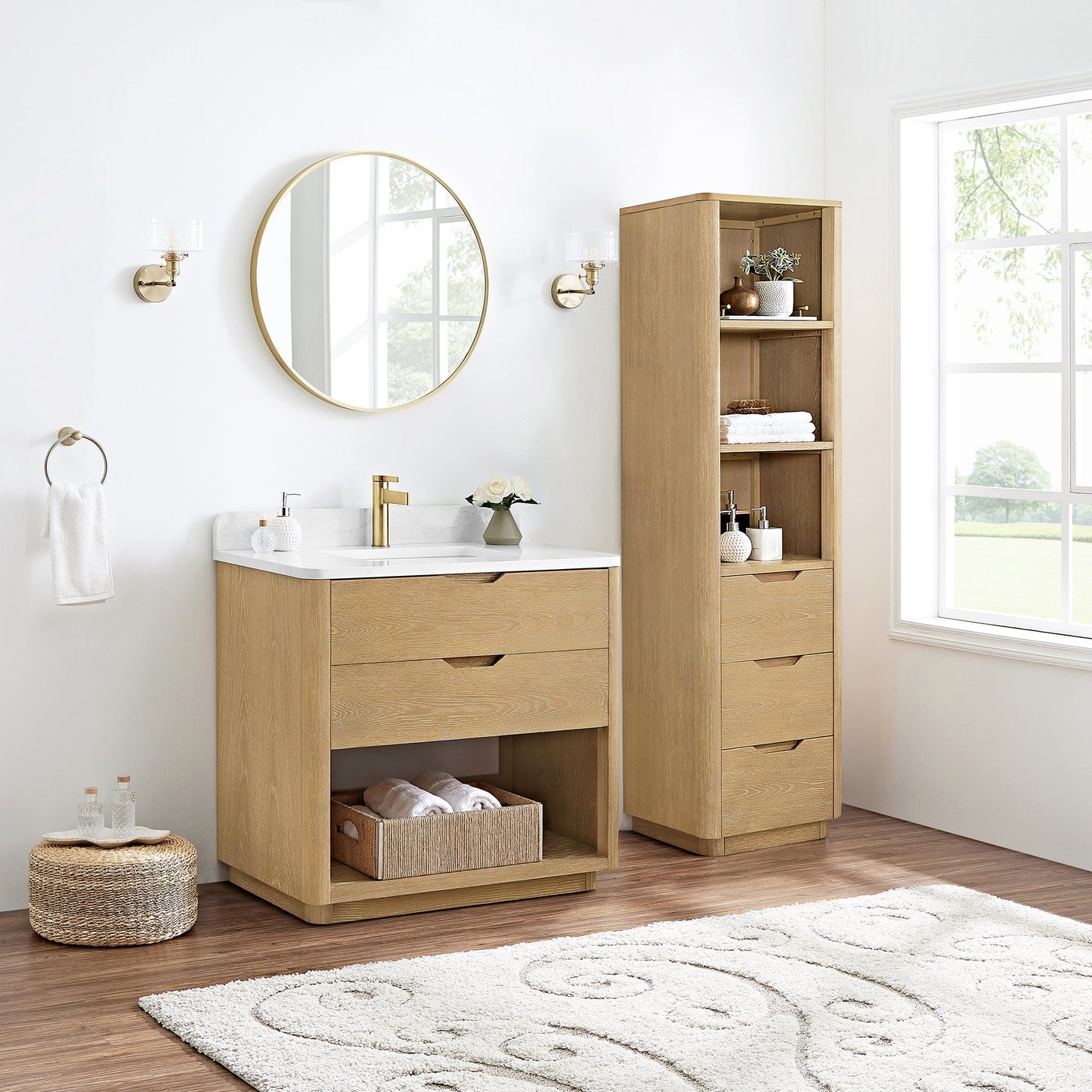 Harbin 36" Free-standing Single Bath Vanity in Washed Ash Grey with White Grain Stone Top