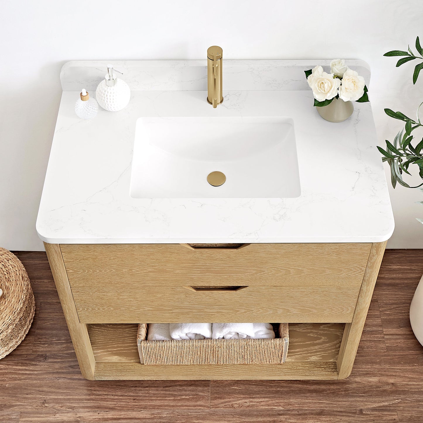 Harbin 36" Free-standing Single Bath Vanity in Washed Ash Grey with White Grain Stone Top