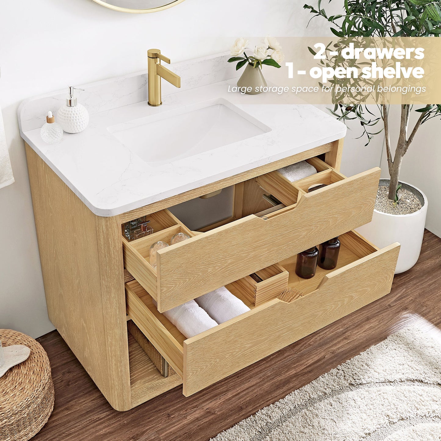 Harbin 36" Free-standing Single Bath Vanity in Washed Ash Grey with White Grain Stone Top