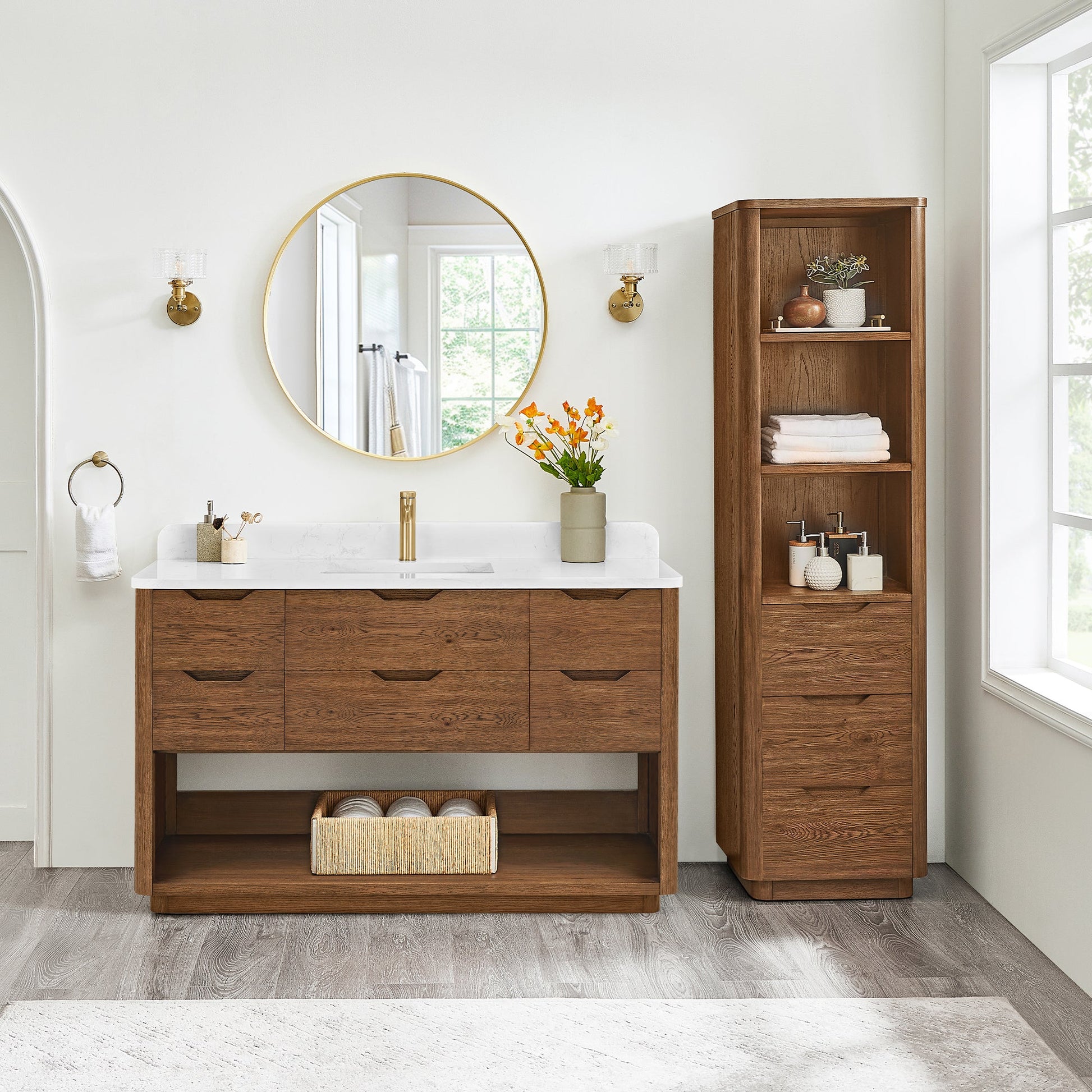 Harbin 55" Free-standing Single Bath Vanity in Oak Weathered Brown with White Grain Stone Top