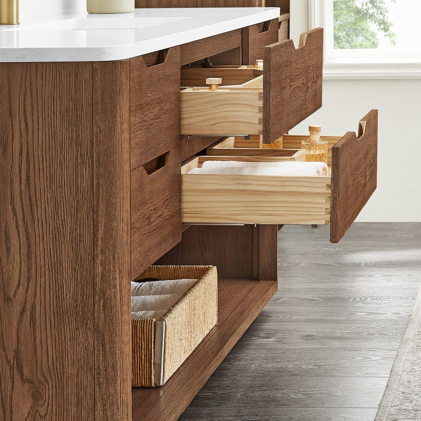 Harbin 55" Free-standing Single Bath Vanity in Oak Weathered Brown with White Grain Stone Top