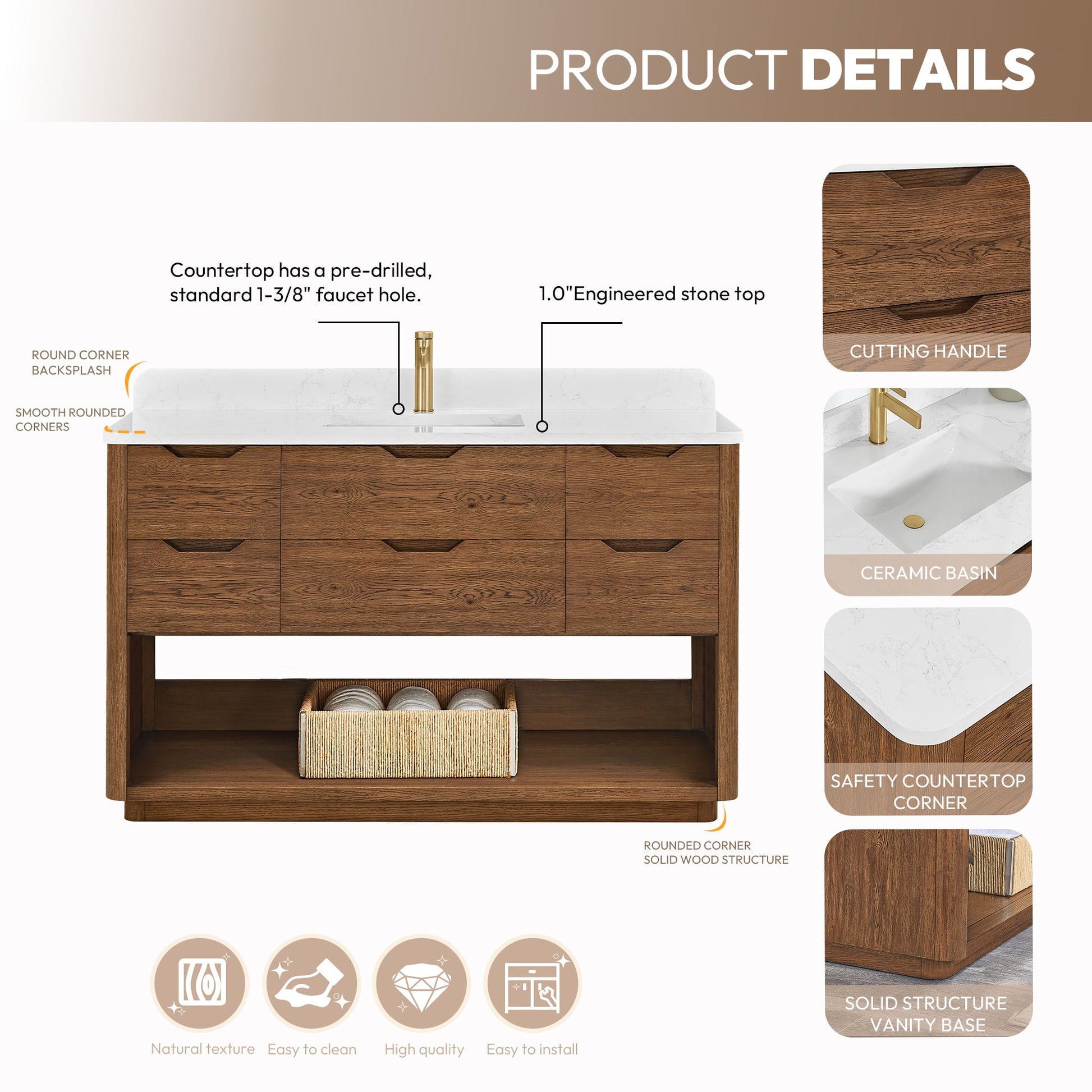 Harbin 55" Free-standing Single Bath Vanity in Oak Weathered Brown with White Grain Stone Top