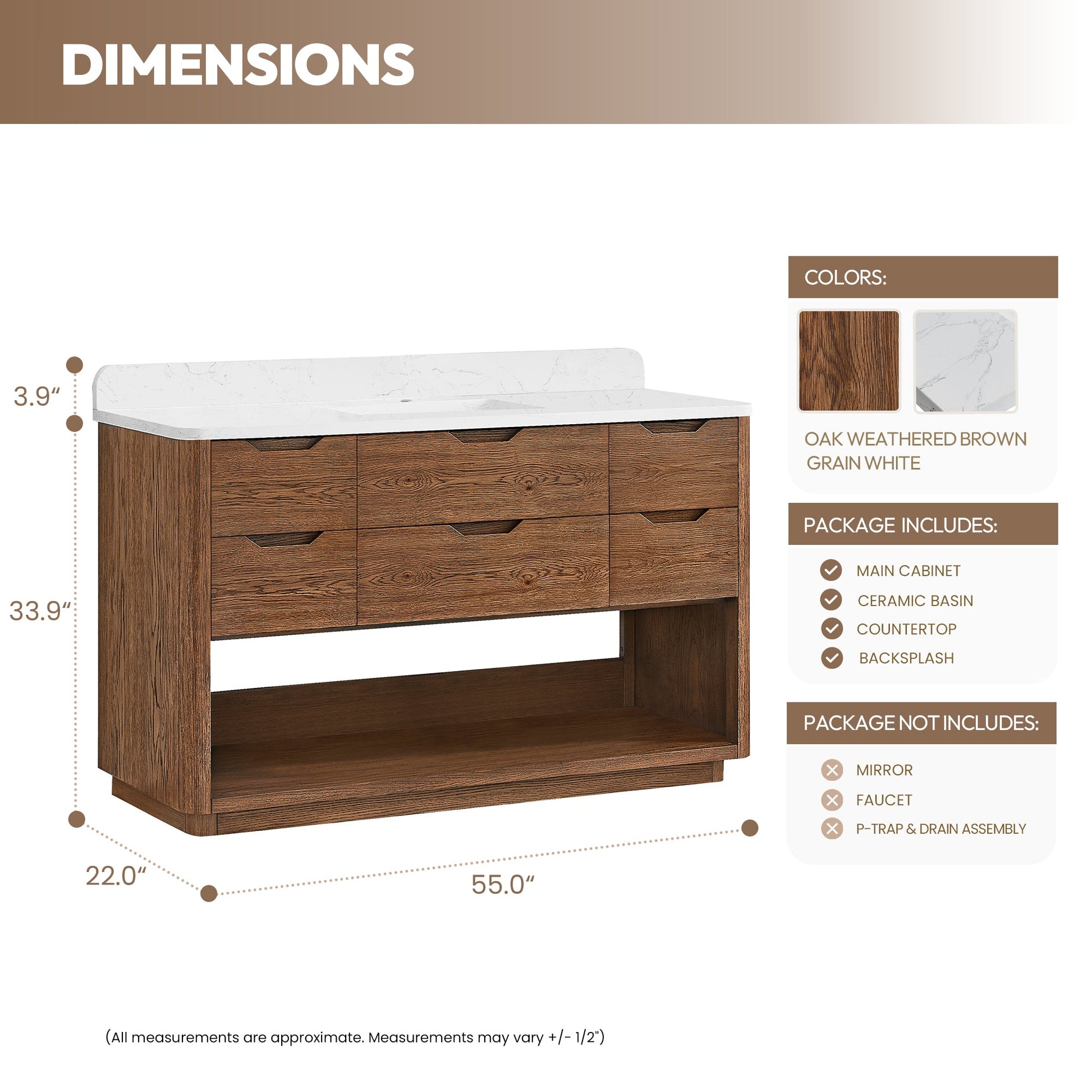 Harbin 55" Free-standing Single Bath Vanity in Oak Weathered Brown with White Grain Stone Top