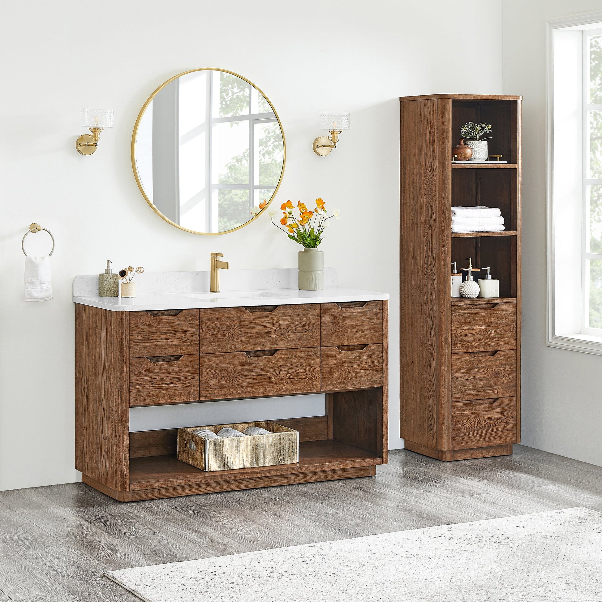 Harbin 55" Free-standing Single Bath Vanity in Oak Weathered Brown with White Grain Stone Top