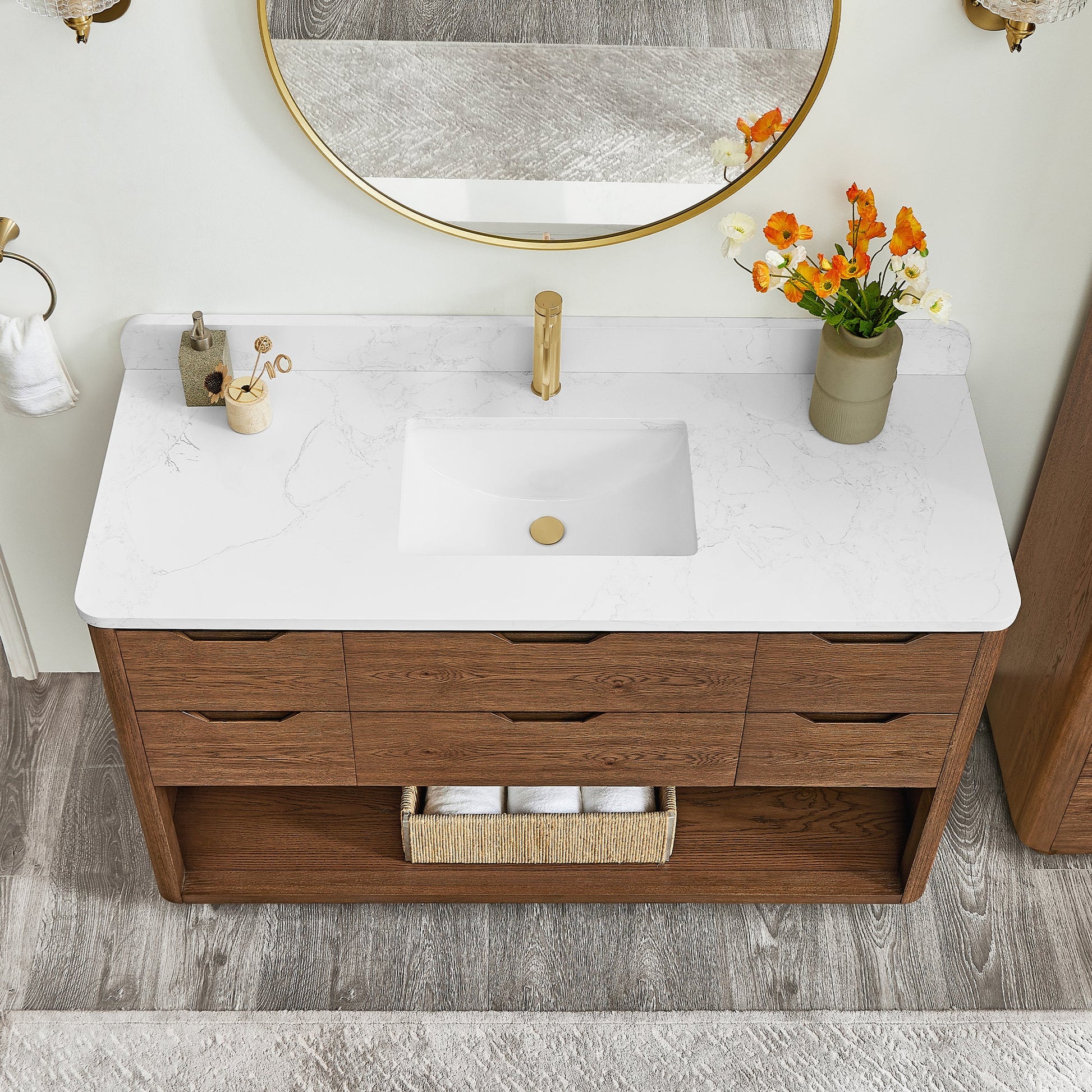 Harbin 55" Free-standing Single Bath Vanity in Oak Weathered Brown with White Grain Stone Top