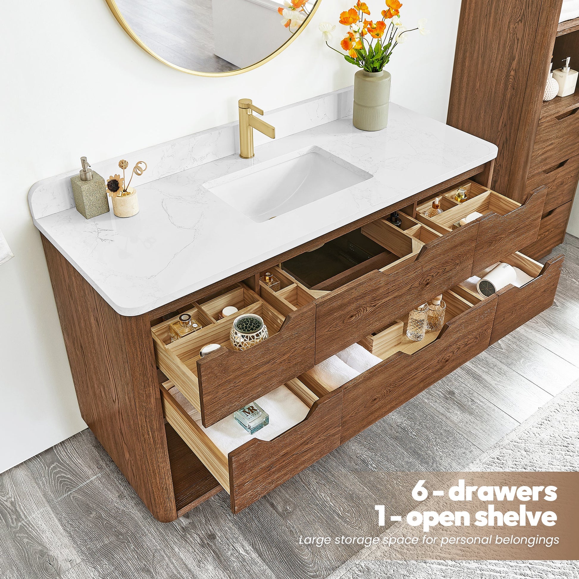 Harbin 55" Free-standing Single Bath Vanity in Oak Weathered Brown with White Grain Stone Top