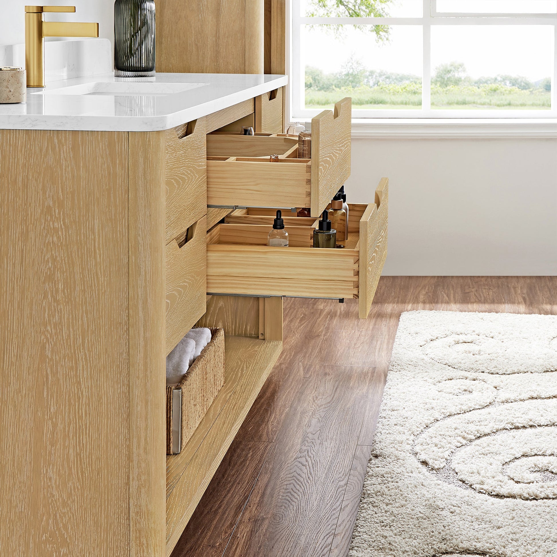 Harbin 55" Free-standing Single Bath Vanity in Washed Ash Grey with White Grain Stone Top