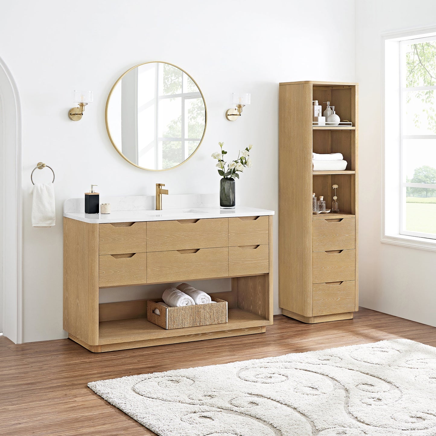 Harbin 55" Free-standing Single Bath Vanity in Washed Ash Grey with White Grain Stone Top