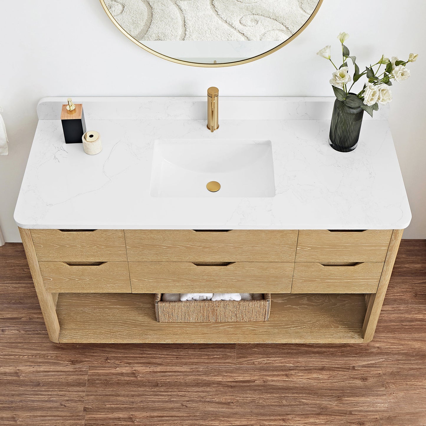 Harbin 55" Free-standing Single Bath Vanity in Washed Ash Grey with White Grain Stone Top