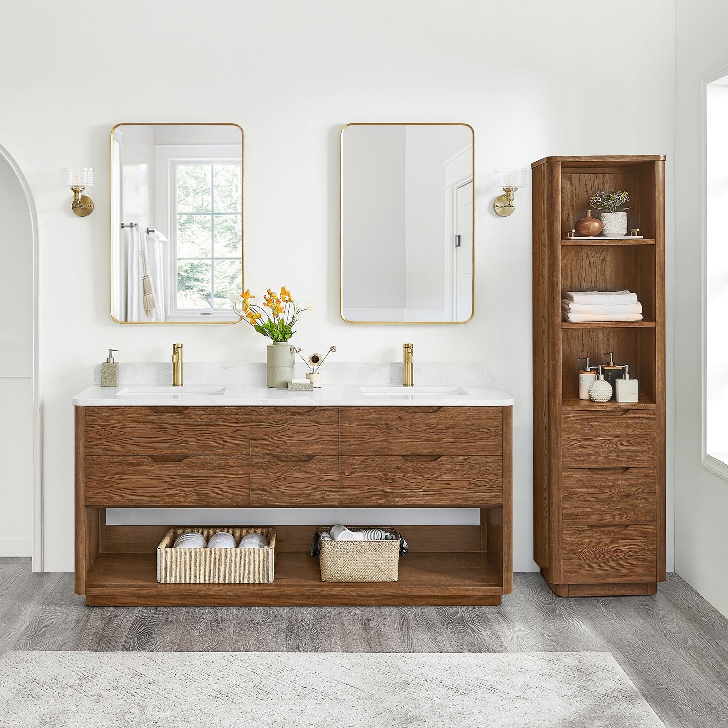 Harbin 72" Free-standing Double Bath Vanity in Oak Weathered Brown with White Grain Stone Top