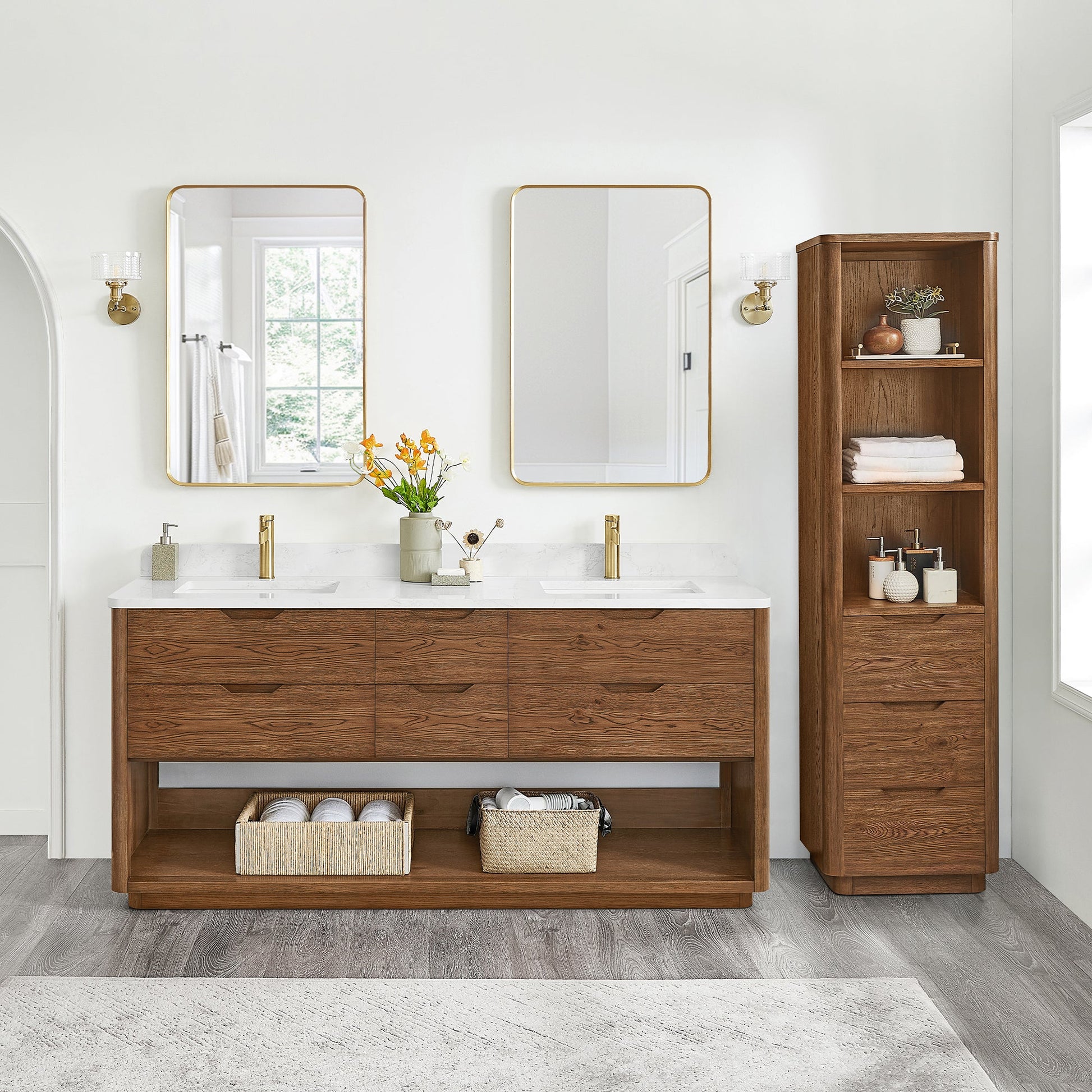 Harbin 72" Free-standing Double Bath Vanity in Oak Weathered Brown with White Grain Stone Top