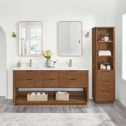 Harbin 72" Free-standing Double Bath Vanity in Oak Weathered Brown with White Grain Stone Top