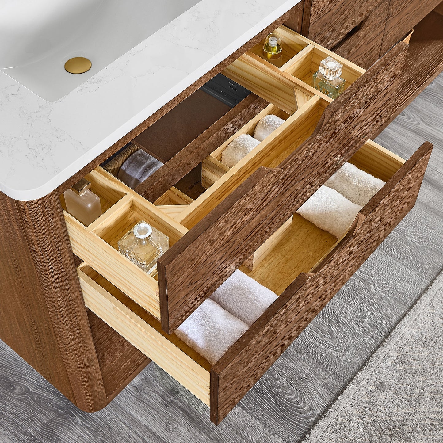 Harbin 72" Free-standing Double Bath Vanity in Oak Weathered Brown with White Grain Stone Top