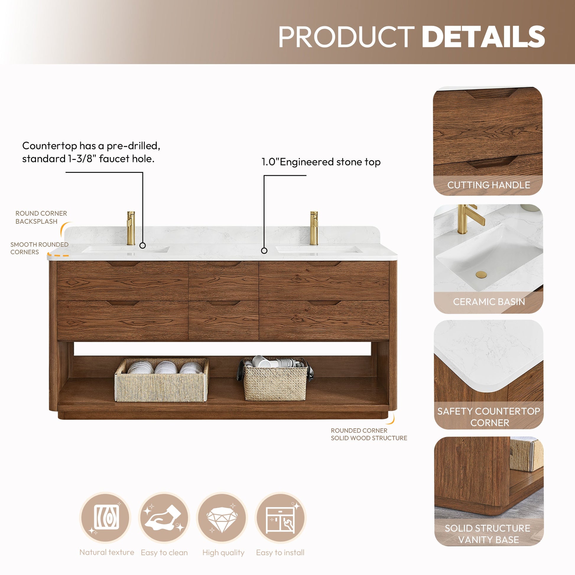 Harbin 72" Free-standing Double Bath Vanity in Oak Weathered Brown with White Grain Stone Top