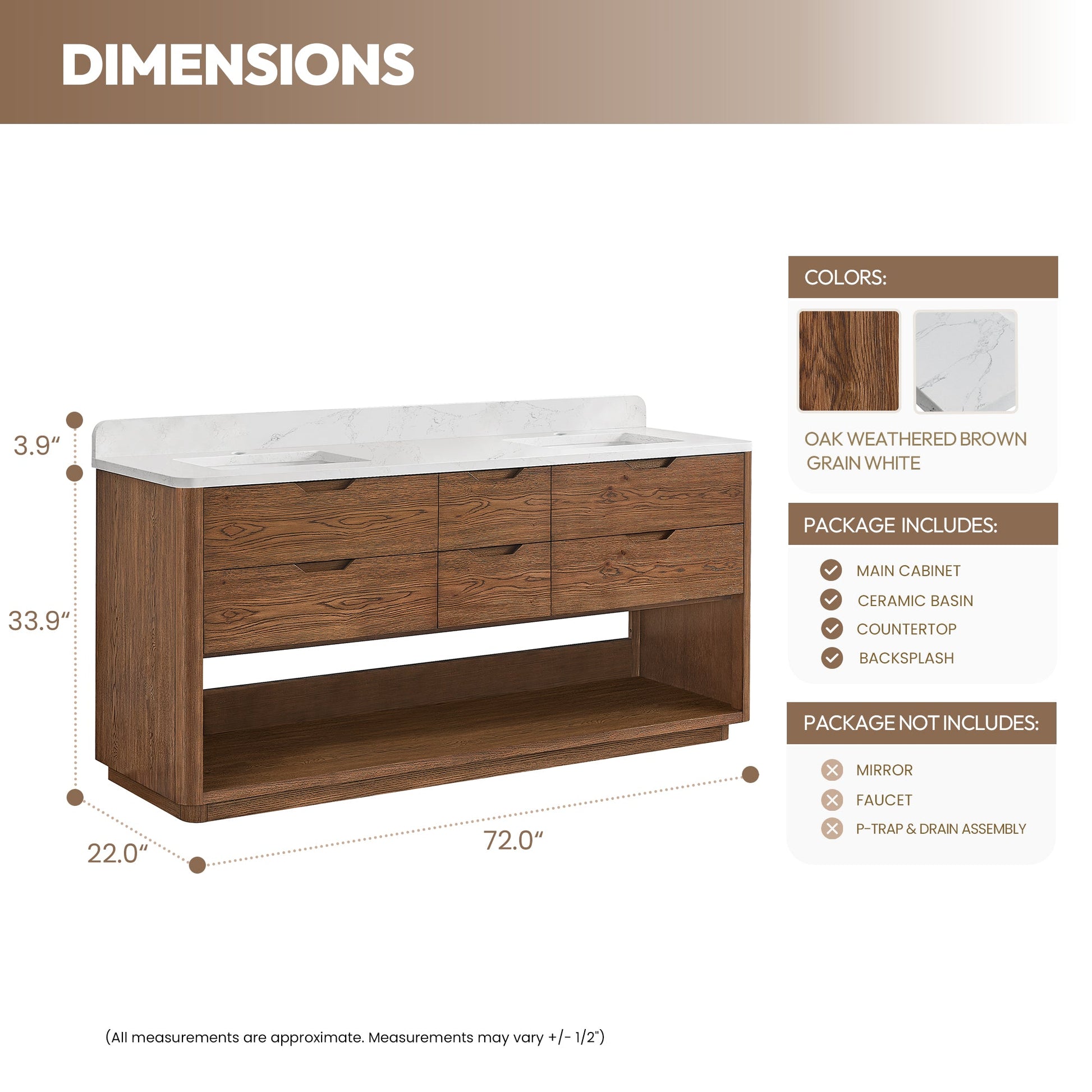 Harbin 72" Free-standing Double Bath Vanity in Oak Weathered Brown with White Grain Stone Top
