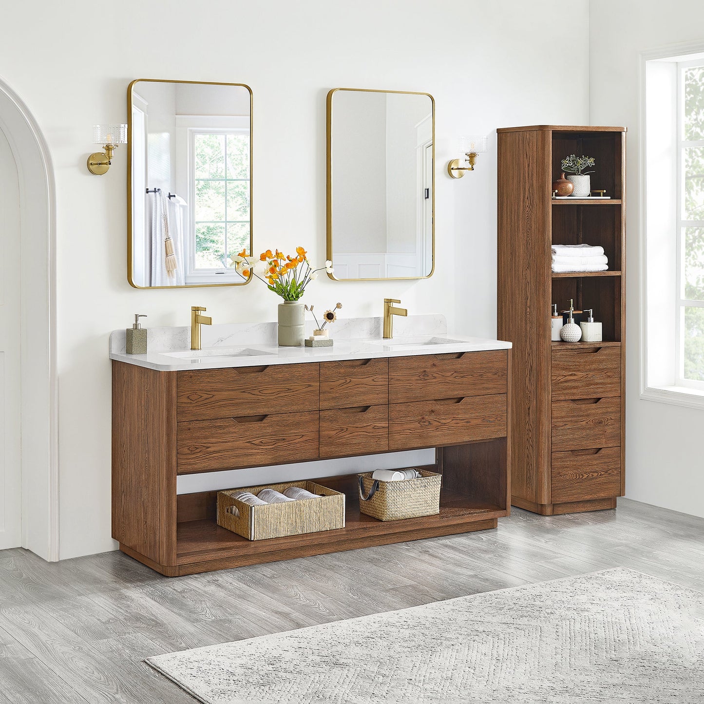 Harbin 72" Free-standing Double Bath Vanity in Oak Weathered Brown with White Grain Stone Top