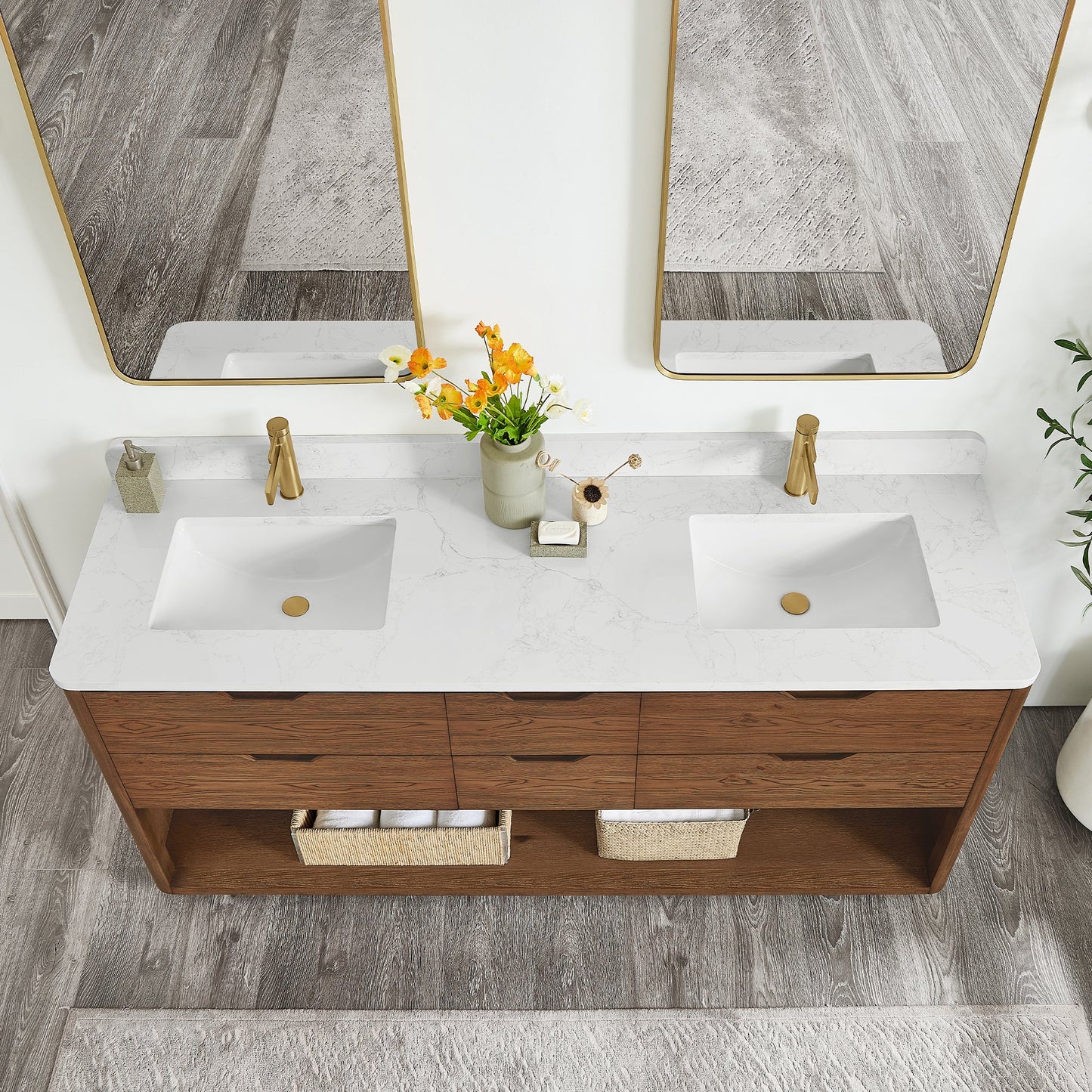 Harbin 72" Free-standing Double Bath Vanity in Oak Weathered Brown with White Grain Stone Top