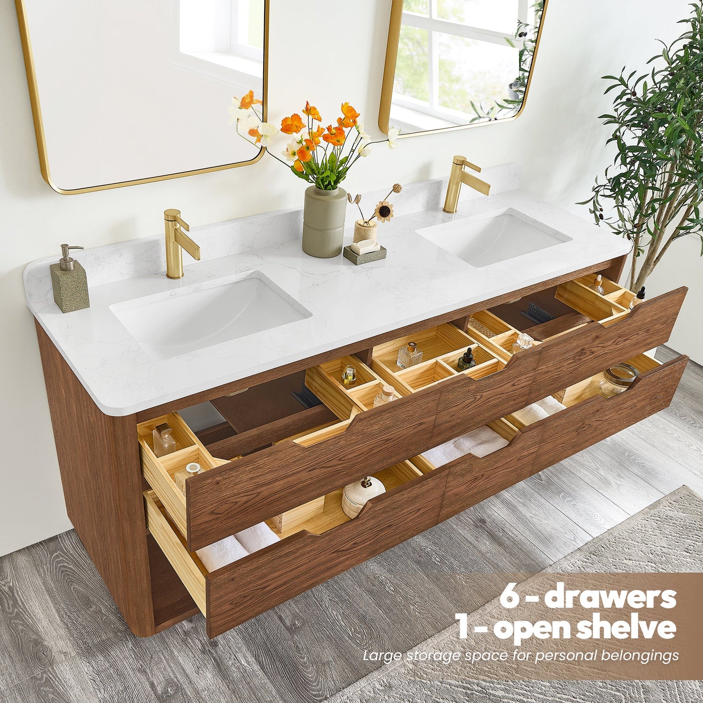 Harbin 72" Free-standing Double Bath Vanity in Oak Weathered Brown with White Grain Stone Top