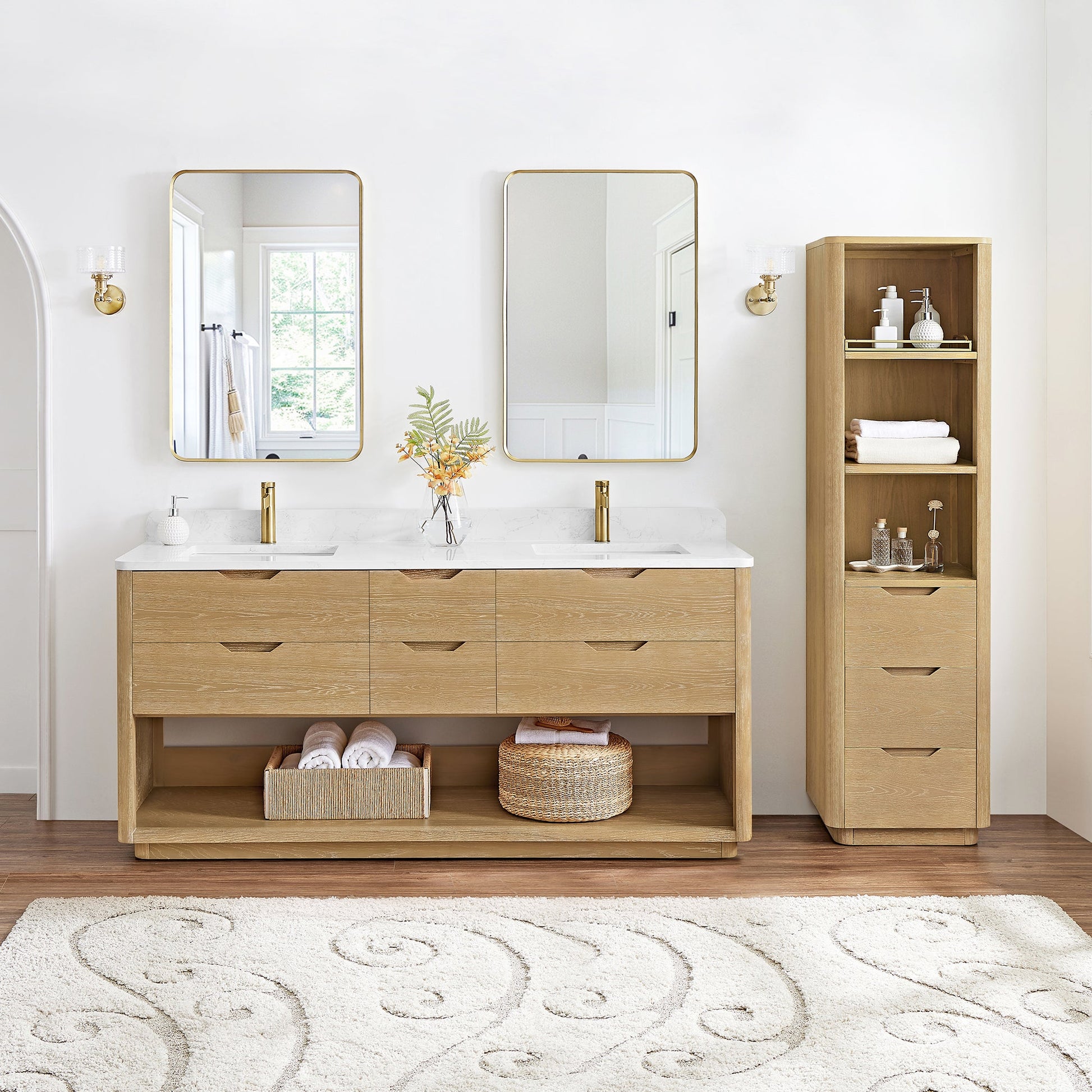 Harbin 72" Free-standing Double Bath Vanity in Washed Ash Grey with White Grain Stone Top