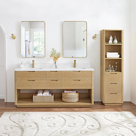Harbin 72" Free-standing Double Bath Vanity in Washed Ash Grey with White Grain Stone Top