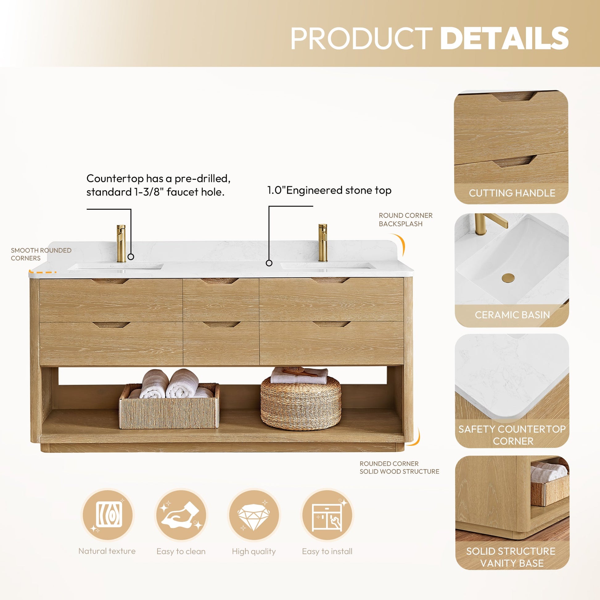 Harbin 72" Free-standing Double Bath Vanity in Washed Ash Grey with White Grain Stone Top