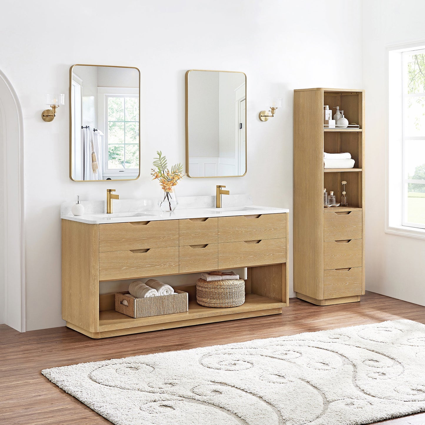 Harbin 72" Free-standing Double Bath Vanity in Washed Ash Grey with White Grain Stone Top