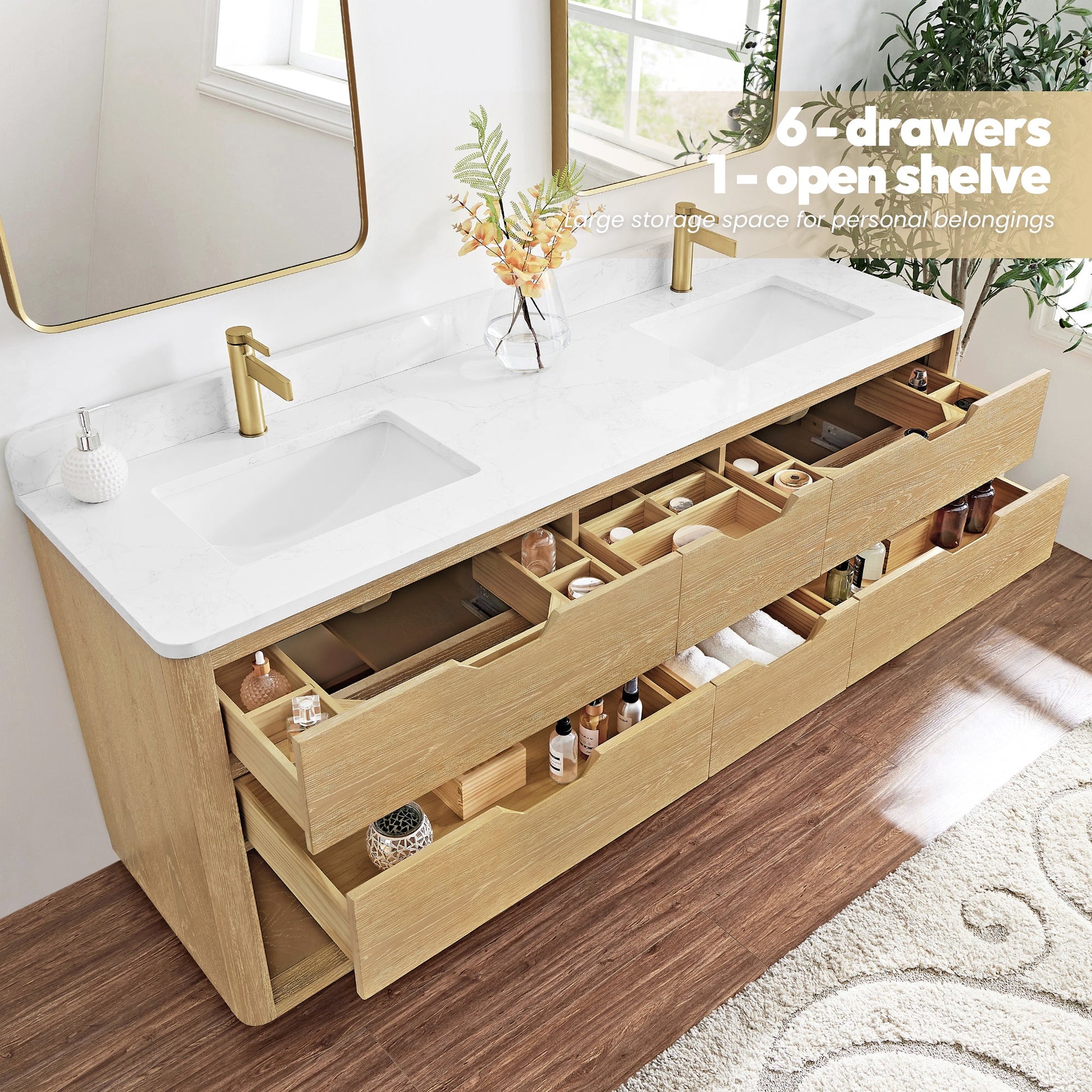 Harbin 72" Free-standing Double Bath Vanity in Washed Ash Grey with White Grain Stone Top