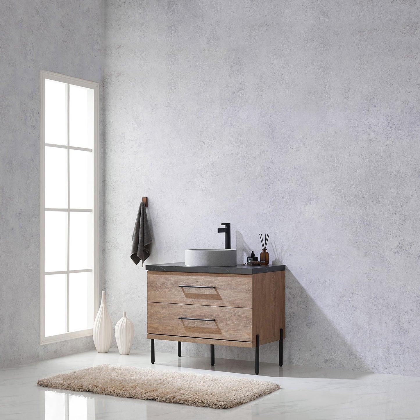 Trento 36" Single Vanity in North American Oak with Black Sintered Stone Top with Circular Concrete Sink