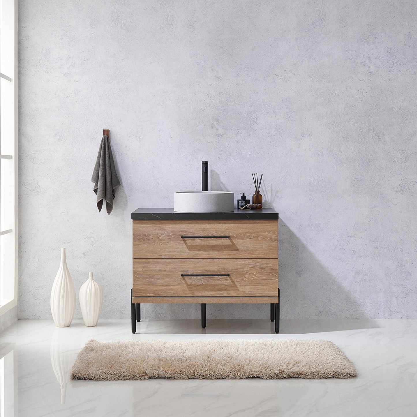 Trento 36" Single Vanity in North American Oak with Black Sintered Stone Top with Circular Concrete Sink