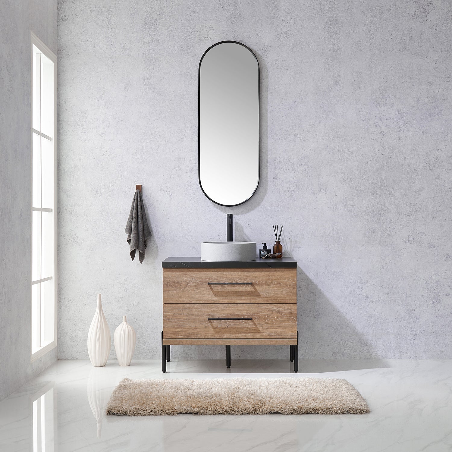 Trento 36" Single Vanity in North American Oak with Black Sintered Stone Top with Circular Concrete Sink