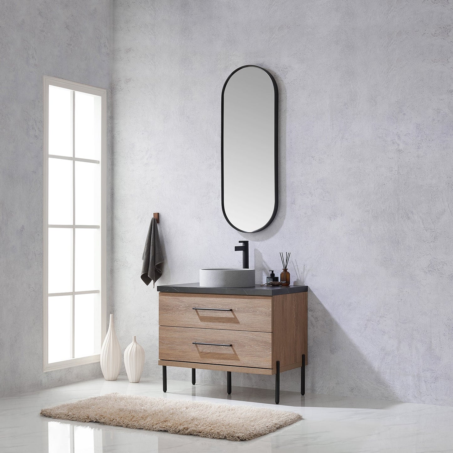 Trento 36" Single Vanity in North American Oak with Black Sintered Stone Top with Circular Concrete Sink