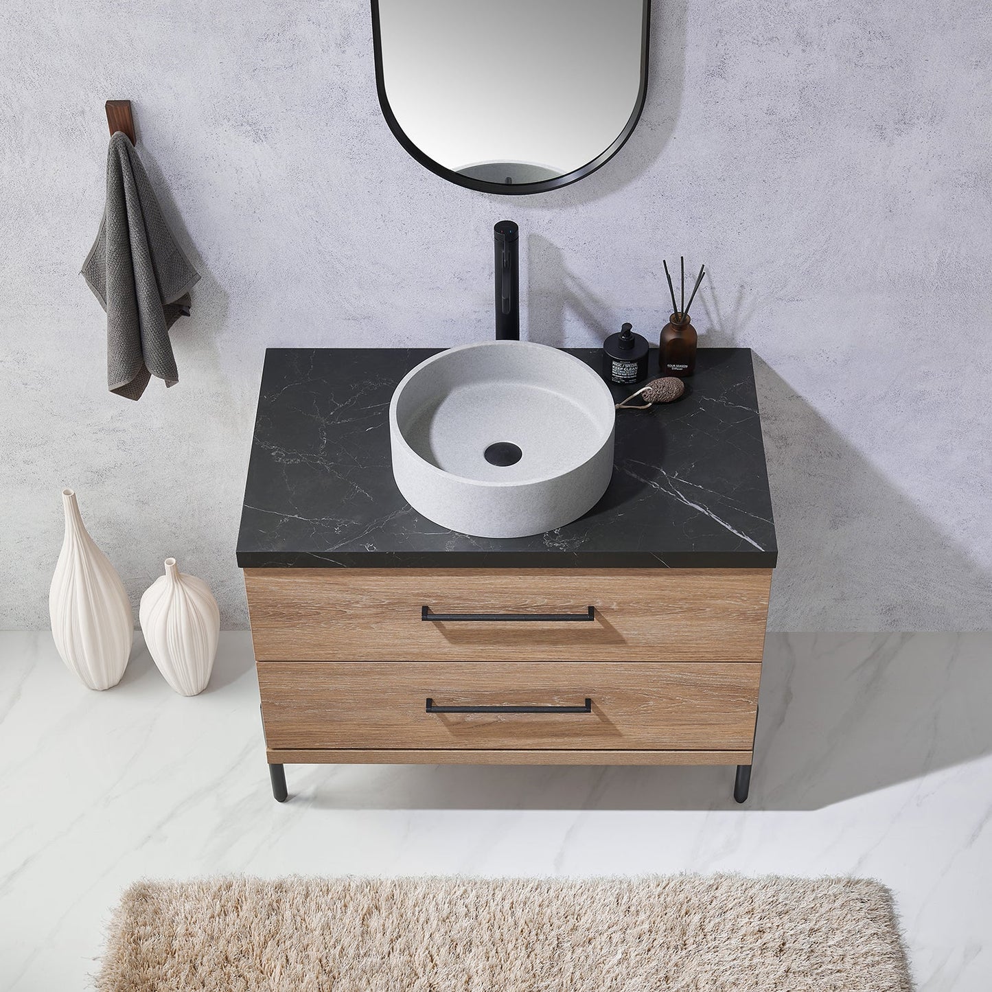 Trento 36" Single Vanity in North American Oak with Black Sintered Stone Top with Circular Concrete Sink