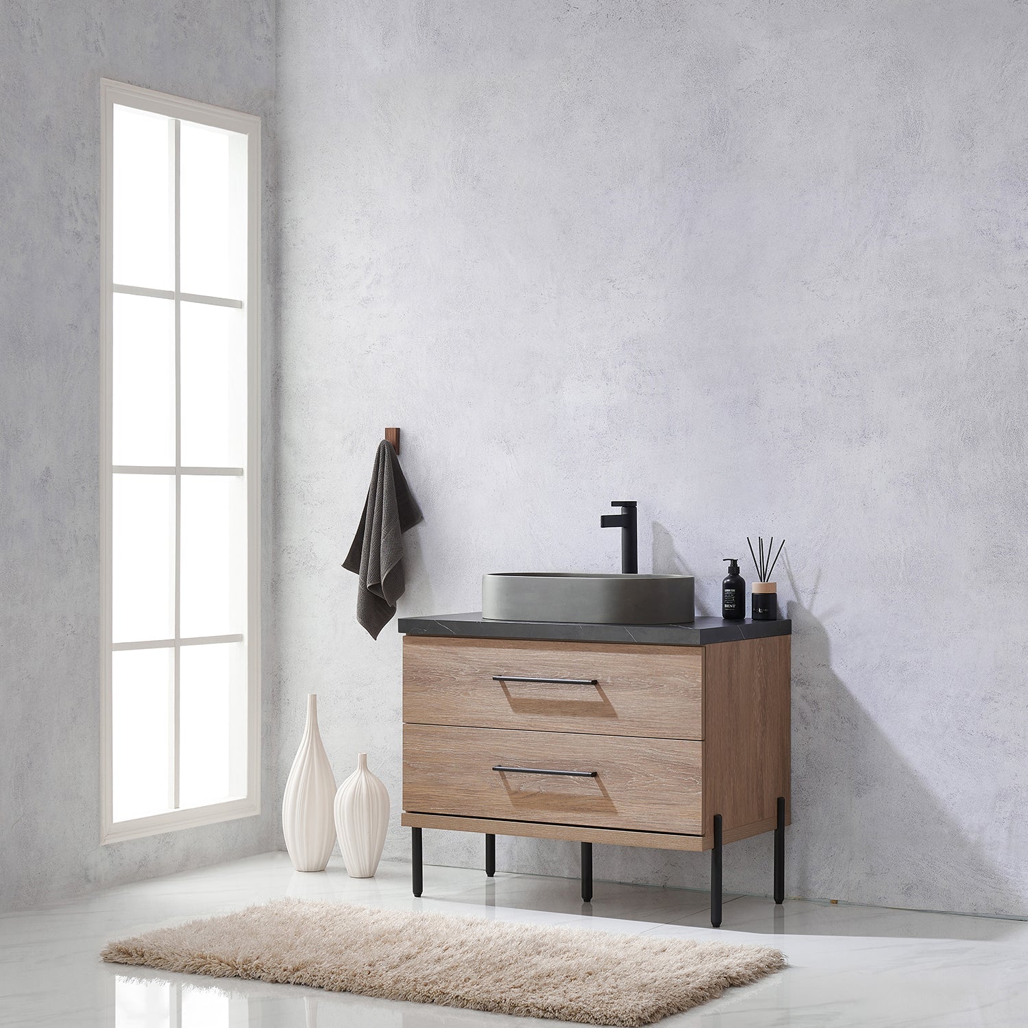 Trento 36" Single Vanity in North American Oak with Black Sintered Stone Top with Oval Concrete Sink