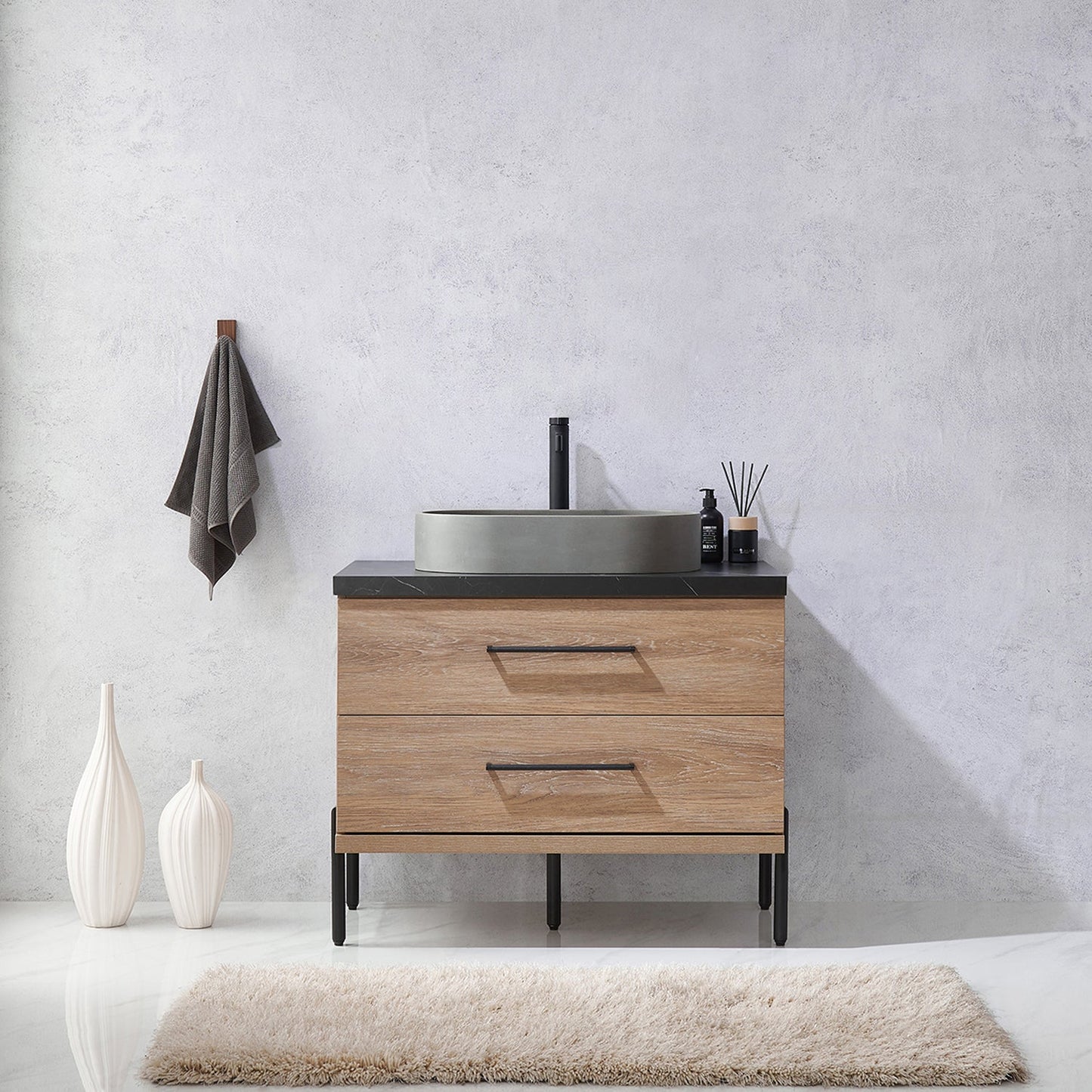 Trento 36" Single Vanity in North American Oak with Black Sintered Stone Top with Oval Concrete Sink