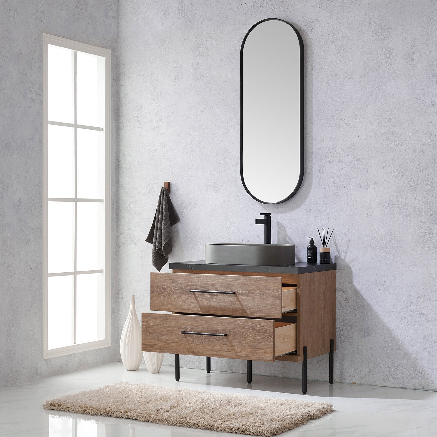 Trento 36" Single Vanity in North American Oak with Black Sintered Stone Top with Oval Concrete Sink