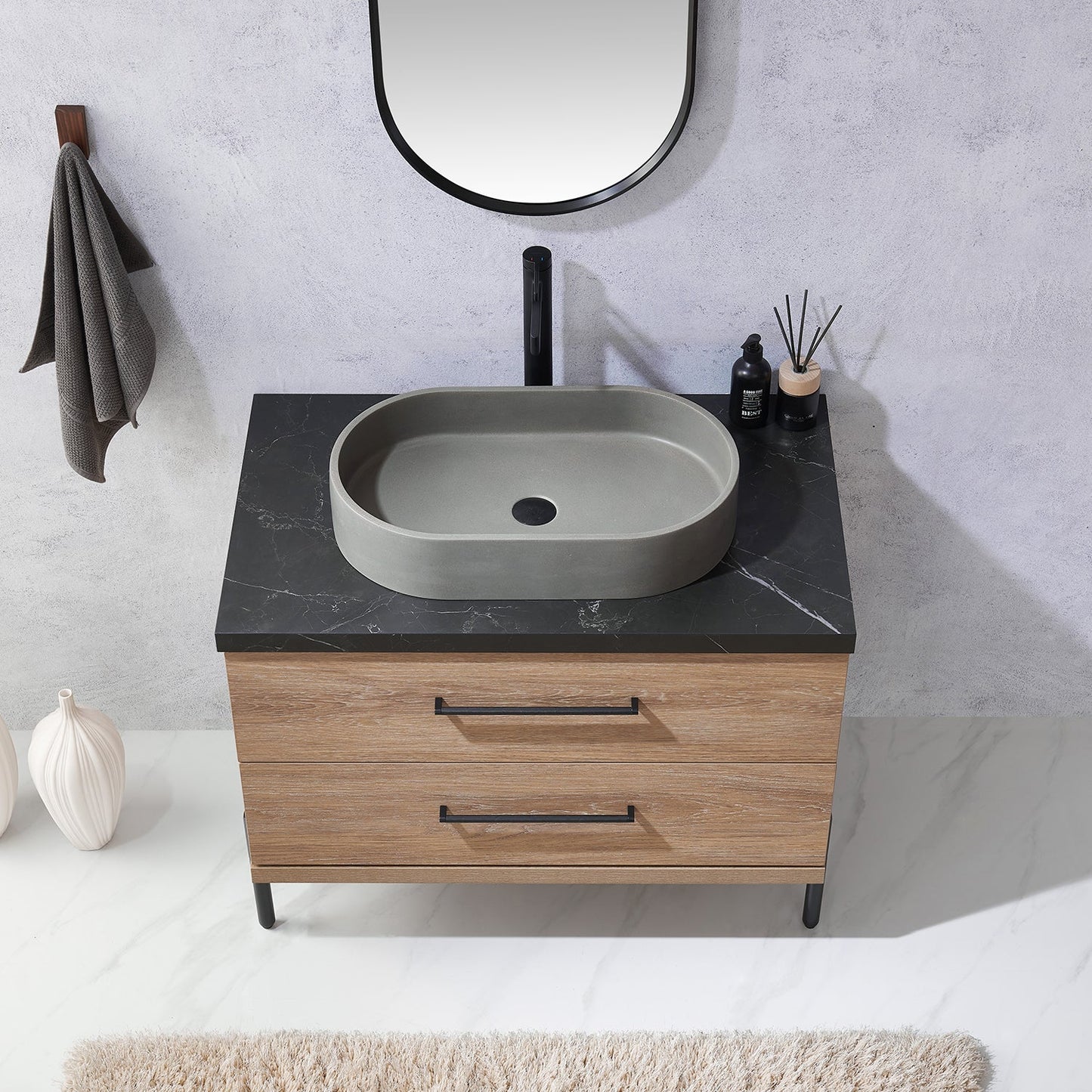 Trento 36" Single Vanity in North American Oak with Black Sintered Stone Top with Oval Concrete Sink