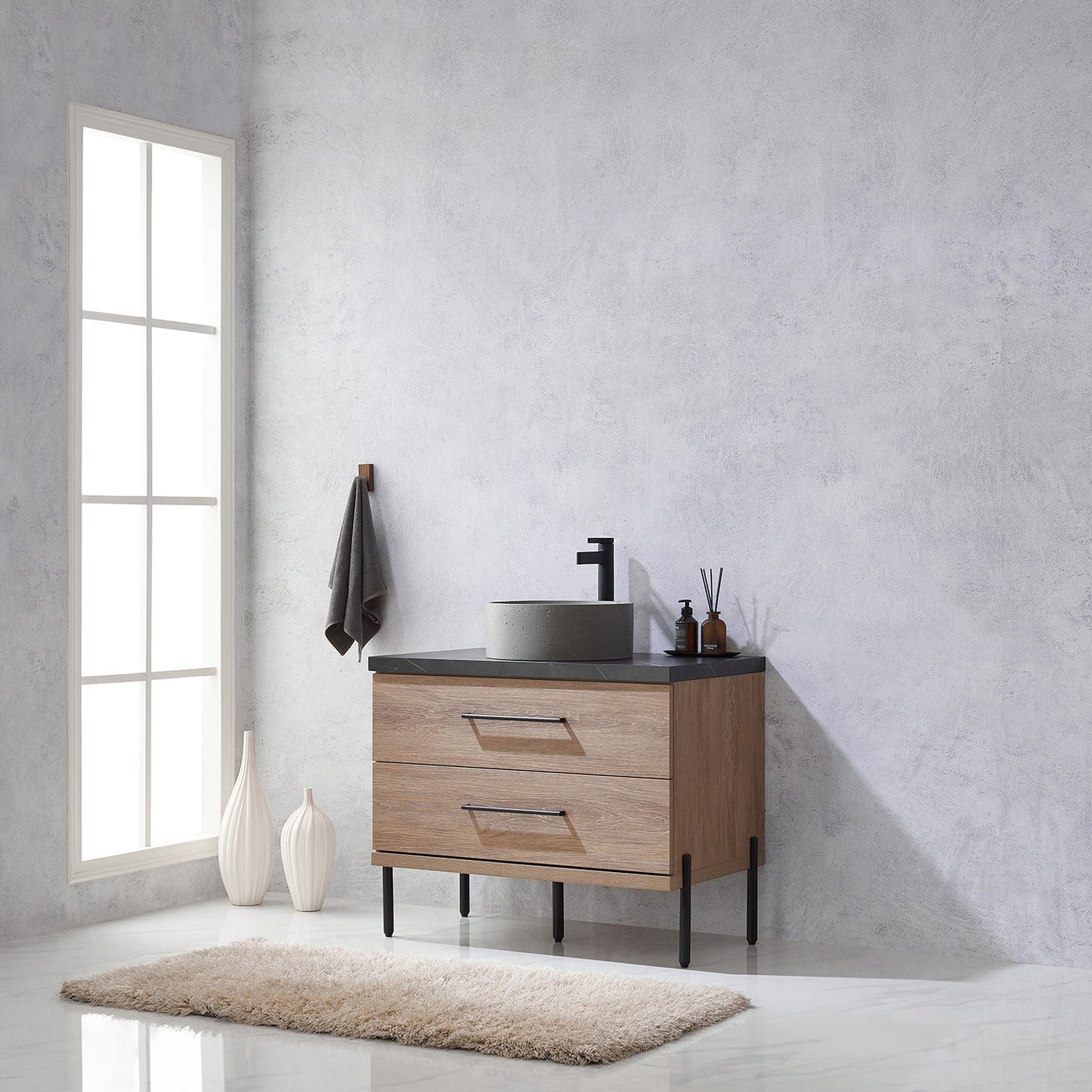Trento 36" Single Vanity in North American Oak with Black Sintered Stone Top with Natural Circular Concrete Sink