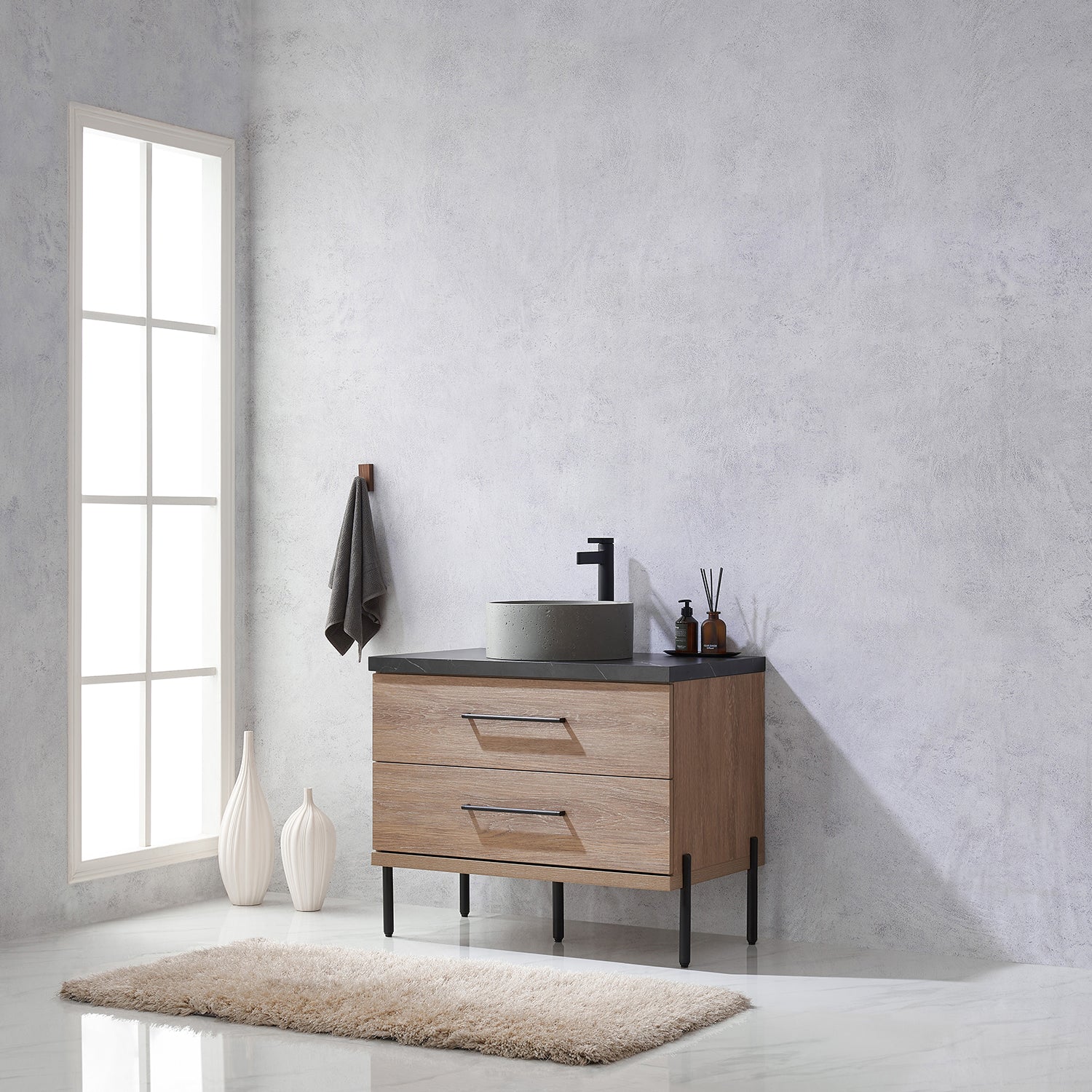 Trento 36" Single Vanity in North American Oak with Black Sintered Stone Top with Natural Circular Concrete Sink