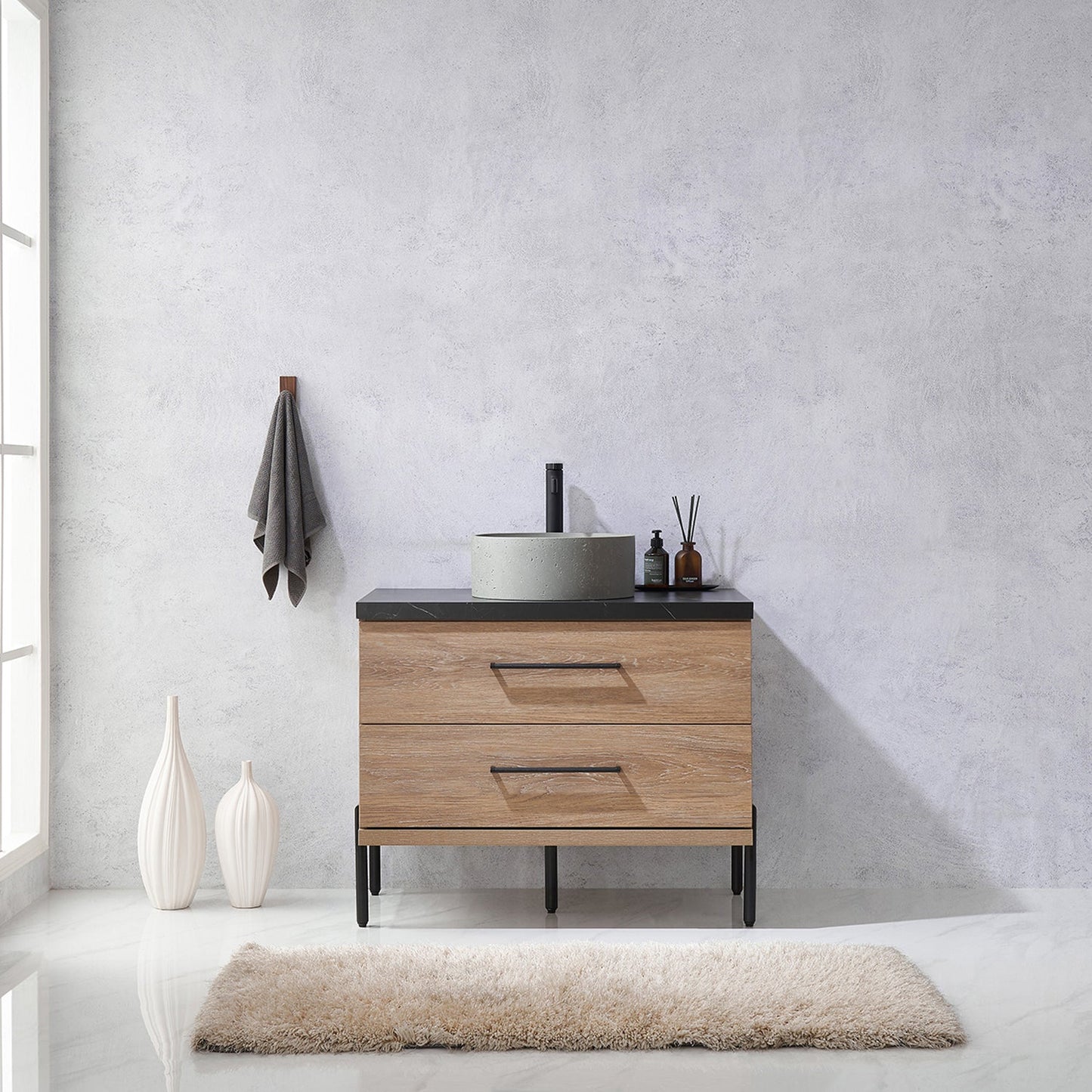 Trento 36" Single Vanity in North American Oak with Black Sintered Stone Top with Natural Circular Concrete Sink